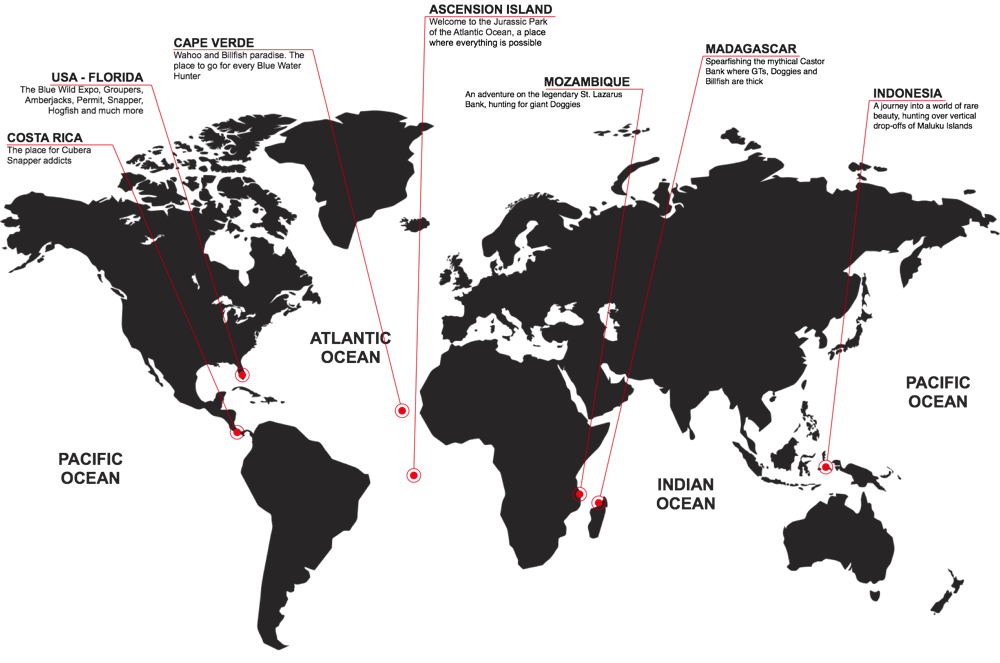 Spearfishing destinations world map. Ascension, Cape Verde, Florida, Costa Rica, Mozambique, Madagascar and Indonesia.